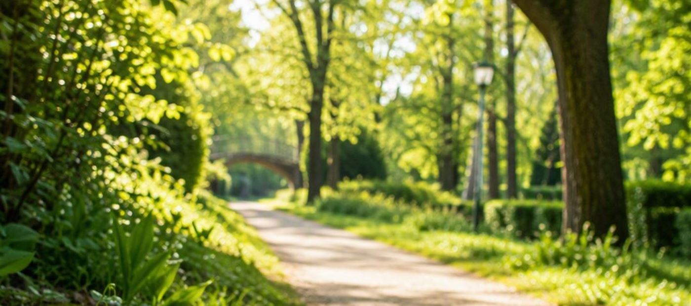 Sonnenlicht fällt durch frisches Laub in einen Frühlingswald